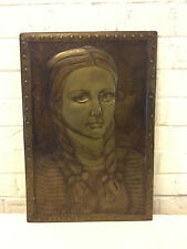 Vintage Metal Bas Relief Plaque Art of Girl / Woman w/ Bows in Hair picture