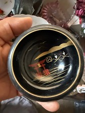 Vintage Japanese Black Lacquerware Bowl Torii Gate Gold Hand Painted Dish picture