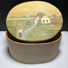 Vintage Paper Mache Oval Box Signed by Artist Brigitte Daval Hand Painted picture