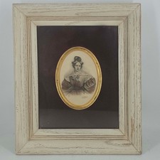 Vintage oval brass detail portrait of lady in deep well distressed white frame picture