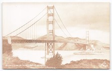 Vintage Golden Gate Bridge San Francisco Sepia RPPC Postcard Naval Battleship picture