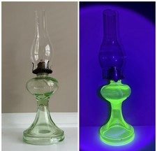 Antique Early 1900’s Uranium Glass Pedestal Oil Lamp 19.75”Tall picture