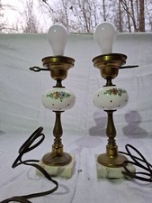 Pair Vintage 1950s Handpainted Milk Glass Lamps Marble Base picture