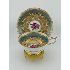 Paragon Teacup Saucer Pink Rose Turquoise & Gold Gilt c. 1939 Double Warranted picture