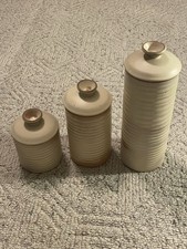 Frankoma Cream Beige Brown Ribbed Canister Set of Three 72 172 272 picture