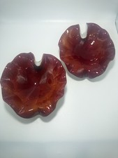 Pair vintage Murano Cased Glass Leaf Bowls Red White Gold Fleck Aventurine MCM picture