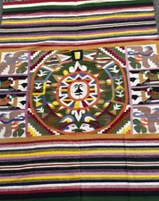 Vintage Handwoven Wool Textile Rug 78x58 Folk Art Sun Birds Figures Southwestern picture