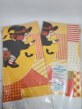 2x Vtg American Greetings Halloween Witch Broom Cat Patchwork Paper Tablecloth picture