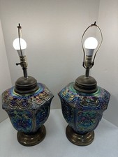 RARE Pair Vintage Carnival Glass Table Lamps Iridescent Rose Scrollwork picture
