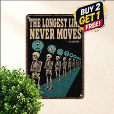vintage dark humor waiting line poster perspective skeleton picture