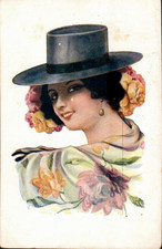Lady in a Hat with Earring - Vintage Artist Postcard picture