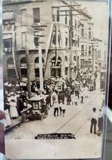 1908 RPPC 4 of July St Scene F & P Bank Hill Drug Peanut Cart Trolley Missent picture