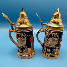 Vintage German Beer Steins Pair DBGM Pewter Lids Cobalt Relief Made Germany picture