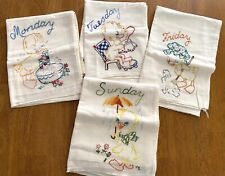 Kitchen Dish Towels Vtg 50s Cotton Embroidered Ducks Days Of The Week Lot Of 4 picture