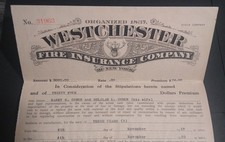 Rare Antique 1922 Westchester Fire Insurance Co.  Of New York Policy picture