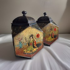 2 Antique Victory V Lozenge Toleware Hexagonal Tins, Fryer & Co. C1900 picture