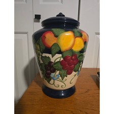 Rare Vintage Nonnis Hand Painted Ceramic Biscotti Jar Fruit Motif Cobalt Blue picture