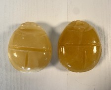 Vintage Two Egyptian Scarab Beetles Hand Carved Stone Hieroglyphics Paperweight picture