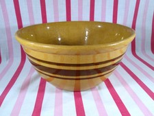 Wonderful Large Vintage Yellow Ware Pottery Bowl with 3 Brown Banded Design 10” picture