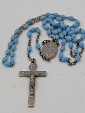 Vintage French Blue Glass Rosary Miraculous Medal France Metal Crucifix Case picture