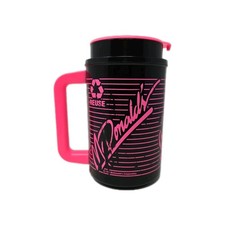 1990 ThermoServ Coca-Cola McDonald's Reusable Travel Mug Black Pink Vintage 22oz picture