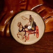 Antique Horse Bridle Rosette Brooch Domed Glass Horse 2 Wheeled Carriage Driver picture