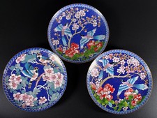 Set of 3-Vintage Ching-t'ai-lan Cloisonné Plates Winged Jewels 7.25