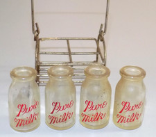 VINTAGE PURE MILK MINIATURE BOTTLES WITH CARRIER COMPLETE picture