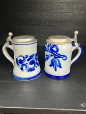 Vintage German Cobalt Stein Pair, Salt-Glazed Stoneware with Pewter Lids picture