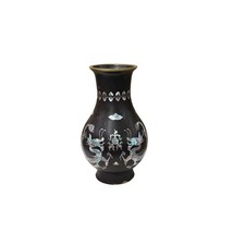 Vintage Metal Black Paint Mother Of Pearl Double Dragon Art Vase GB831 picture