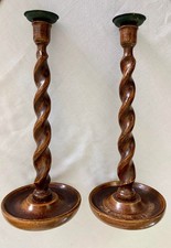 ANTIQUE ENGLISH OAK BARLEY TWIST CANDLESTICKS - 13.5