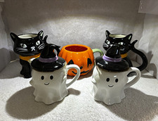 5 lot Halloween Ceramic Mug Set: Ghost, Witch, Black Cat & Pumpkin, Multicolor picture