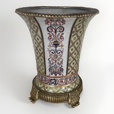 Vintage Chinese Cracked Porcelain Bronze/brass Trim Green Gold Trumpet Vase picture