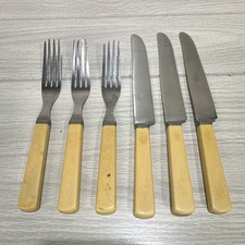 STA-BRITE Stainless Cutlery 3 Forks 3 Knives Bakelite Handle Vintage 1930-50s picture