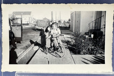Vintage old found photo 1930s B&W Children Bicycle Sidewalk Car Houses Street picture
