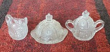 Antique Indiana Glass 1910s EAPG Creamer, Covered Butter Dish, Sugar Bowl Set picture