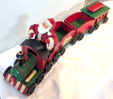 Vtg Handcrafted Wooden Christmas Centerpiece Train W/Fabric-Mache Santa-26.5