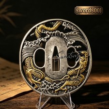 High Grade Gold Silver Plated Brass Tsuba Dragon Guard For Japanese Katana Sword picture