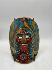 Vintage Mexican Folk Art Terracotta Clay Mask Hand Painted Birds Wall Decor 6” * picture