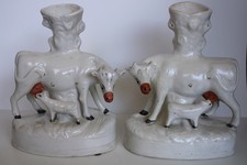 (2) Antique 19th Century Staffordshire Cow & Calf Porcelain Spill Vase picture