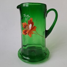 Antique Victorian Emerald Green Handblown Glass Floral Enameled Pitcher Vase  picture