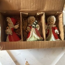 Vtg Set of 3 Enesco Spaghetti Trim Xmas Angels W/ Candy Canes, Presents & Wreath picture