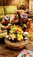 Vtg Chalkware Owl And Mushroom Tree Trunk Lamp & Planter Florentine Art 16”X9” picture