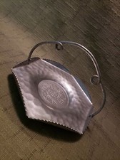 Vintage Unsigned Aluminum Ornate Round Display Dish, Movable Handle Floral Motif picture