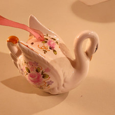 Made in Japan Ceramic Swan Figurine Hand Painted Glazed Pink potpourri holder picture