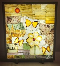 Vintage Mid Century Stained Glass Art Shadow Light Box Made Of Oak Wood picture