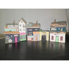 Handmade Miniature Rustic Wood Houses Set of 3 Colorful Folk Art Village Decor picture