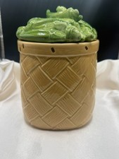 Vintage 1993 H&H Designs Majolica Ceramic Canister Peppers Basketweave Jar picture