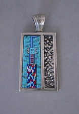 Vtg Sterling Silver Pendant - Fine MIcro Inlay Yei  - 2.5