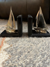 Vintage PMC Sailboat Bookends Pair Silver Tone Metal Nautical Yacht Decor picture